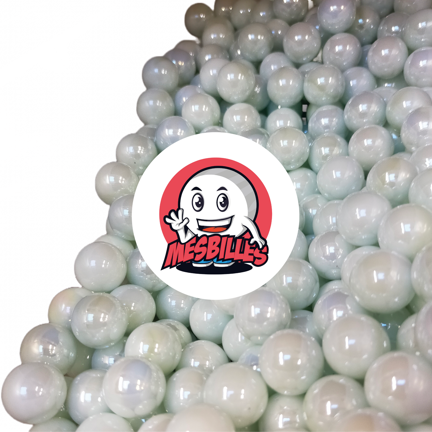 Image of the My-Glassmarbles Mascot surrounded by glossy opaque Glossy Marbles 50 mm White
