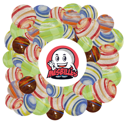 Yellow and Blue KimPlay Cyclone Marbles in Translucent glass and Multicoloured marbles around the My-Glassmarbles Mascot