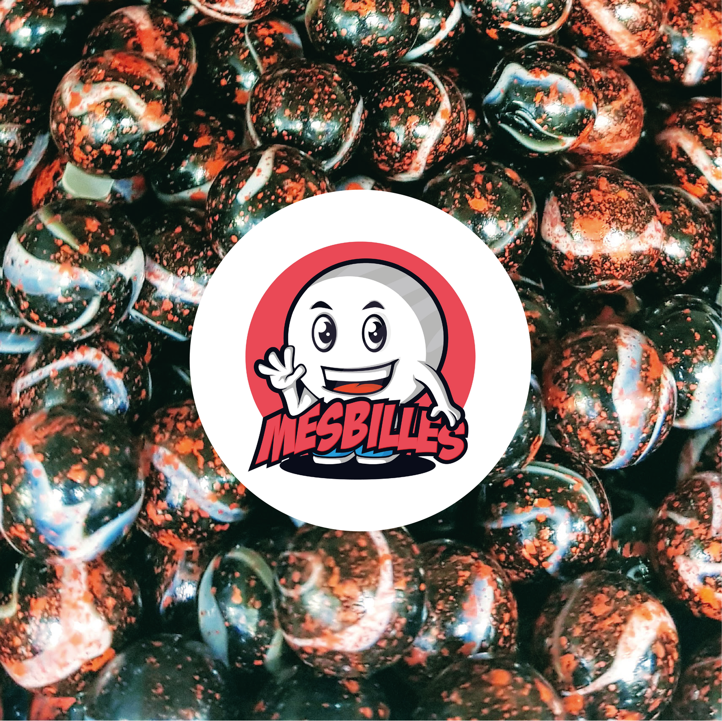 Image of the My-Glassmarbles Mascot surrounded by Dracula Marbles 25 mm in opaque white and red glass with black spots