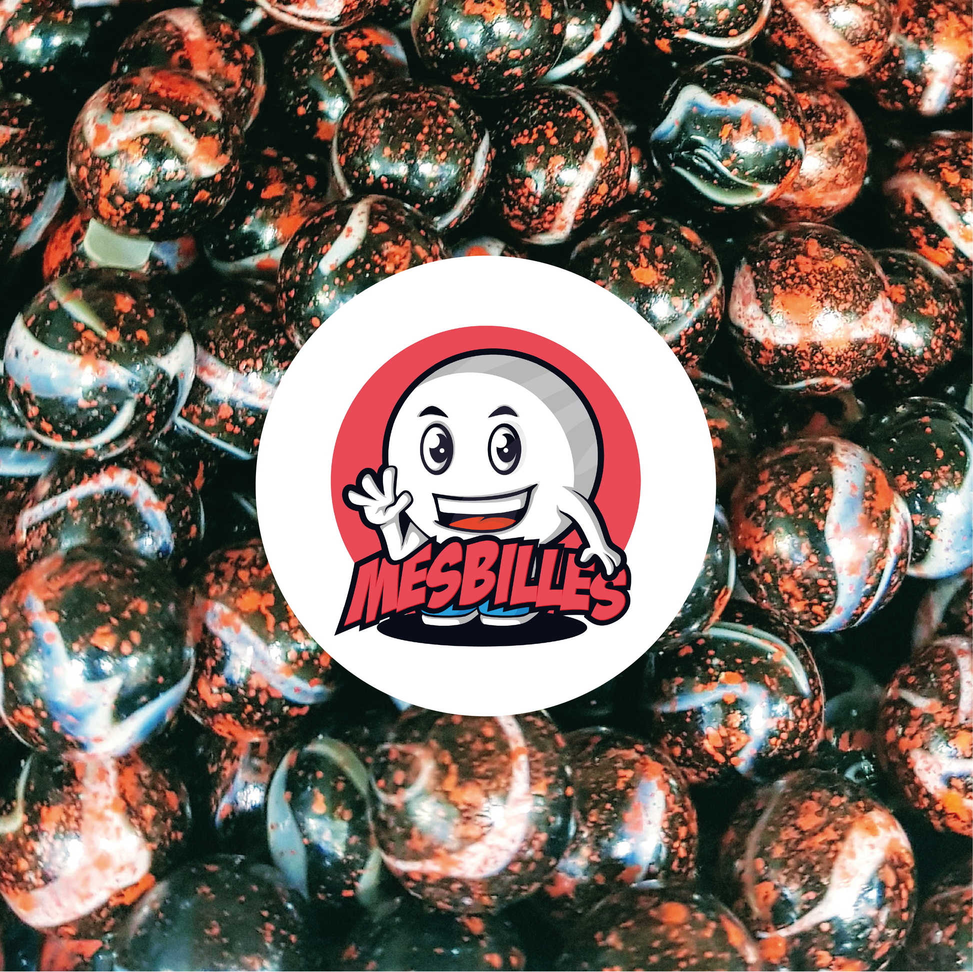 Image of the My-Glassmarbles Mascot surrounded by Dracula Marbles 25 mm in opaque white and red glass with black spots