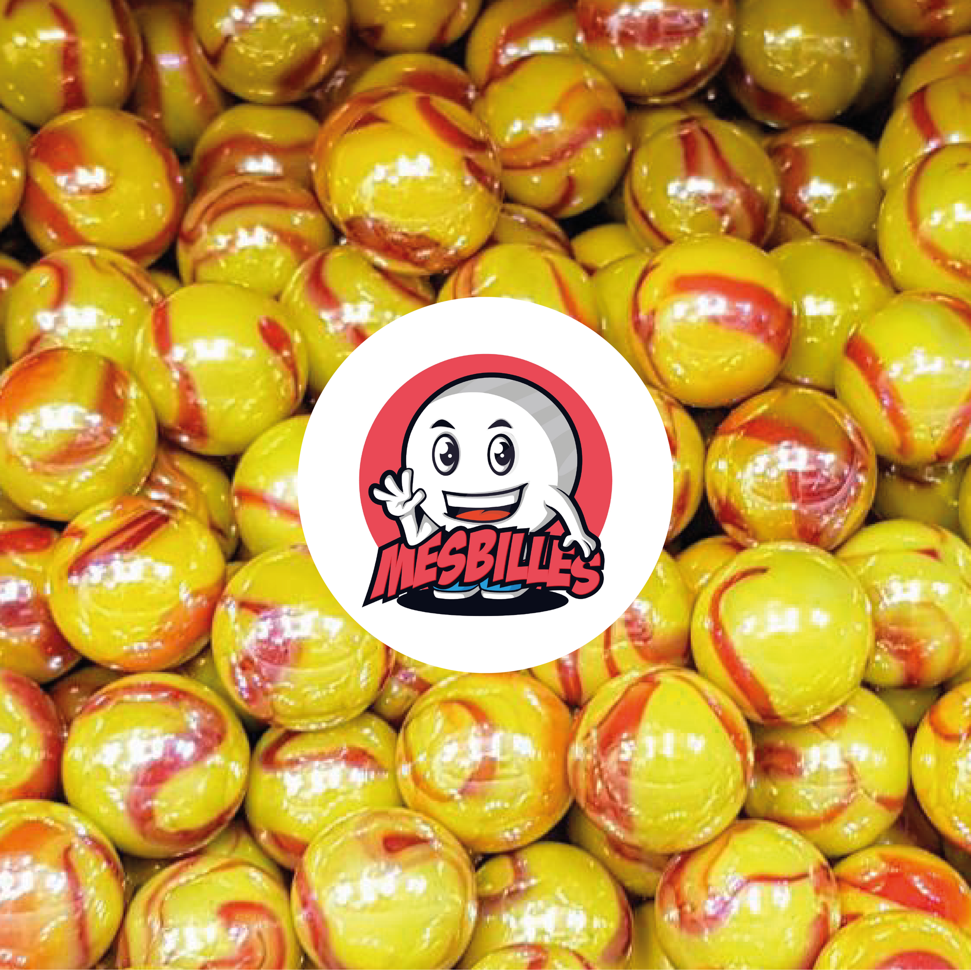 Image of My-Glassmarbles Mascot surrounded by 14 mm Dragon Marbles - Incredible Combination of Yellow and Red in Opaque and Shiny Glass