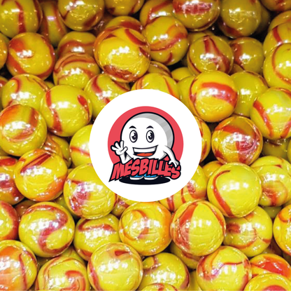 Image of My-Glassmarbles Mascot surrounded by 14 mm Dragon Marbles - Incredible Combination of Yellow and Red in Opaque and Shiny Glass