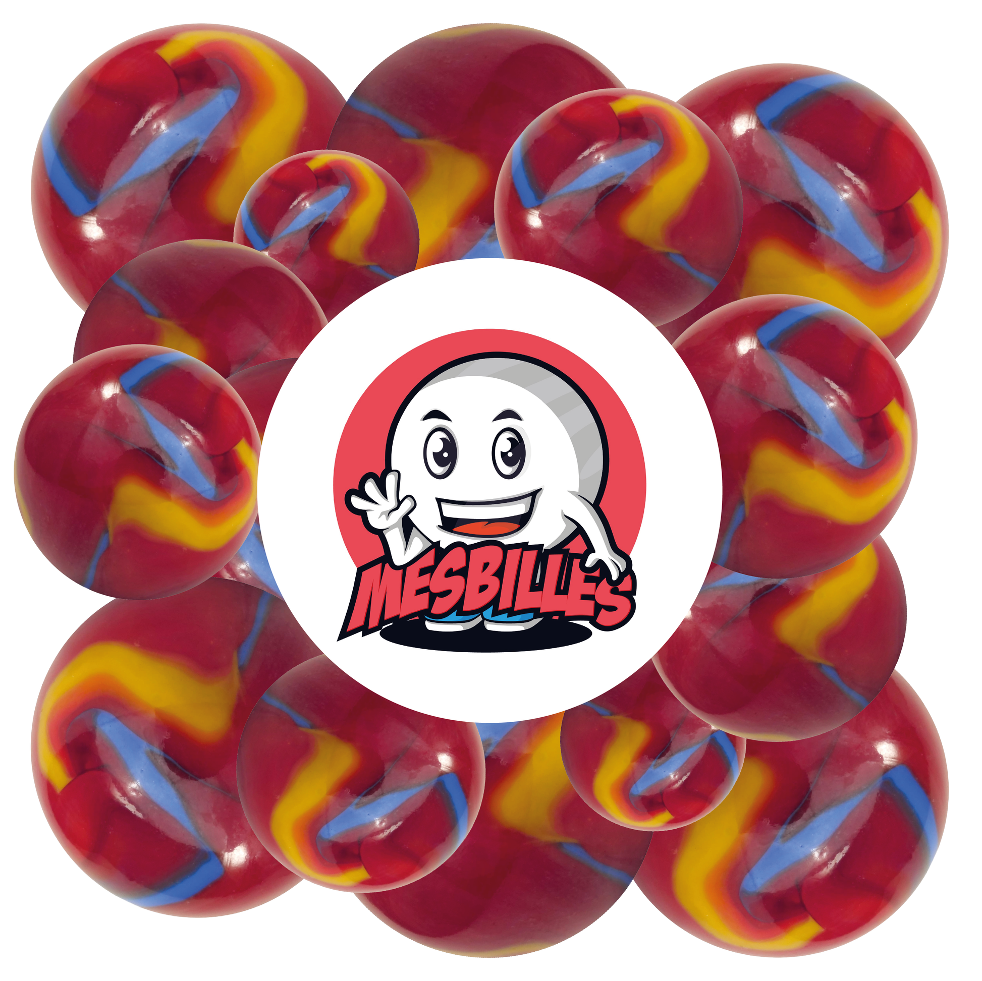 Image of the My-Glassmarbles Mascot surrounded by 16 mm red Fiesta Marbles with blue and yellow stripes
