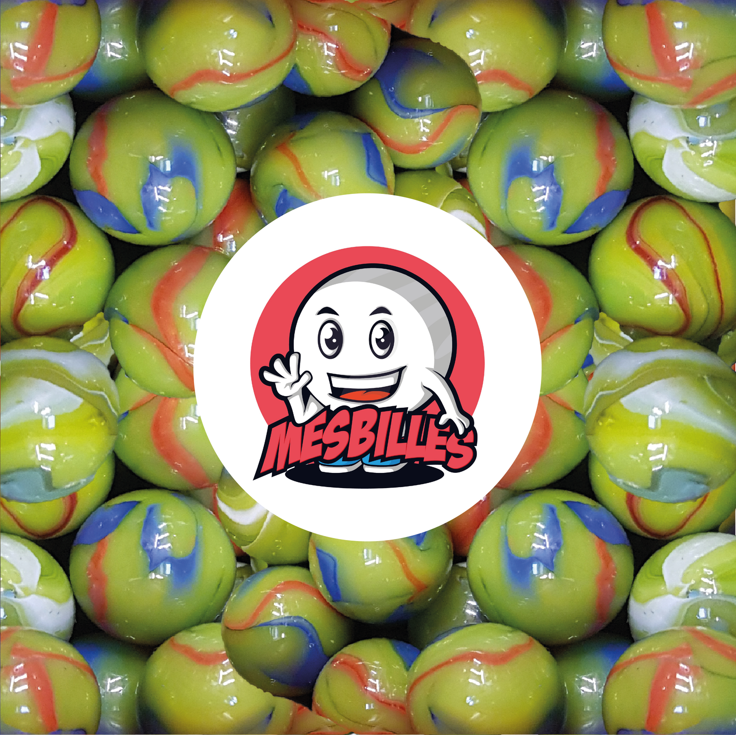 Image of the My-Glassmarbles Mascot surrounded by 14 mm Impressionist Marbles Green Red Blue