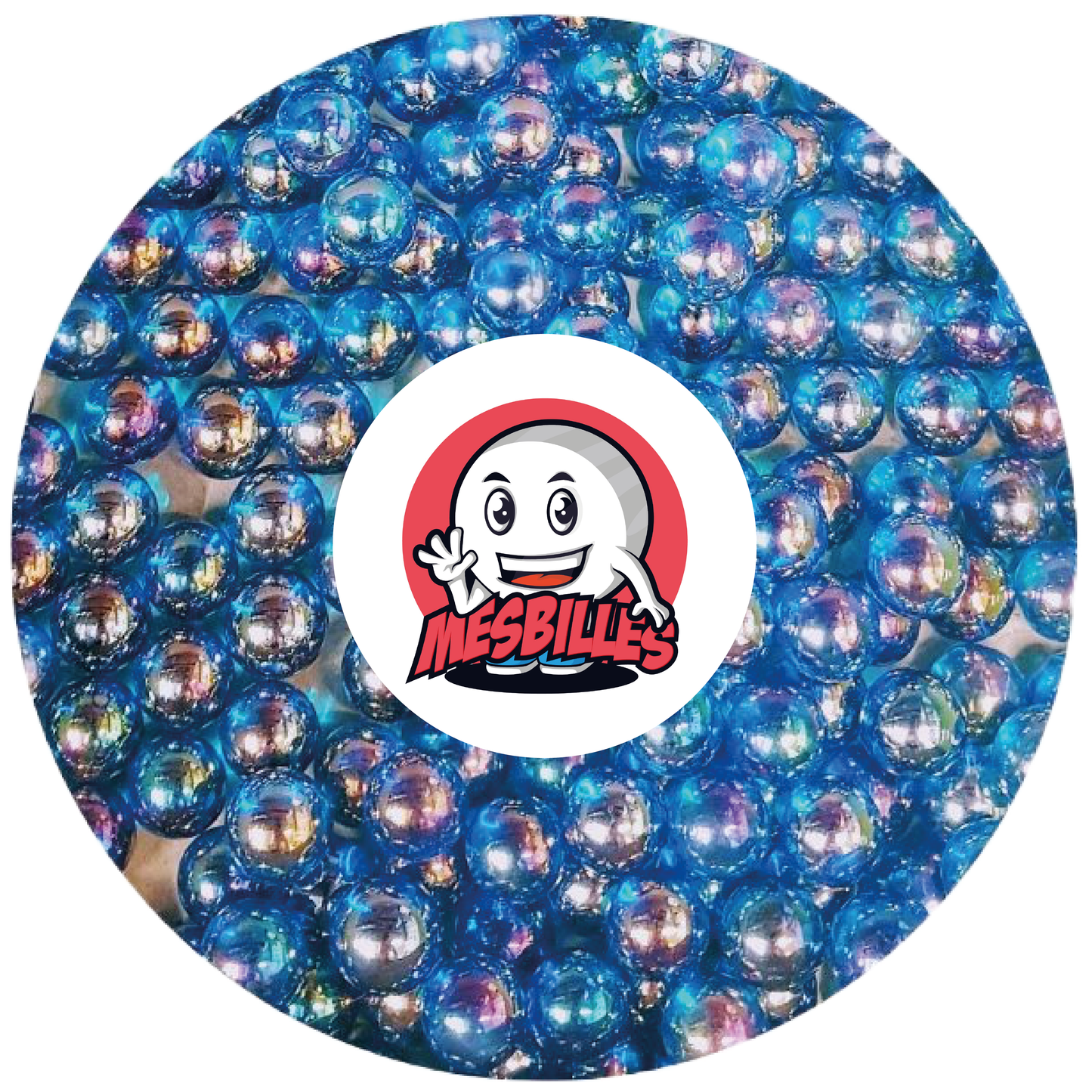 Image of My-Glassmarbles Mascot surrounded by 14 mm Iridescent Marbles Blue, the light at your fingertips