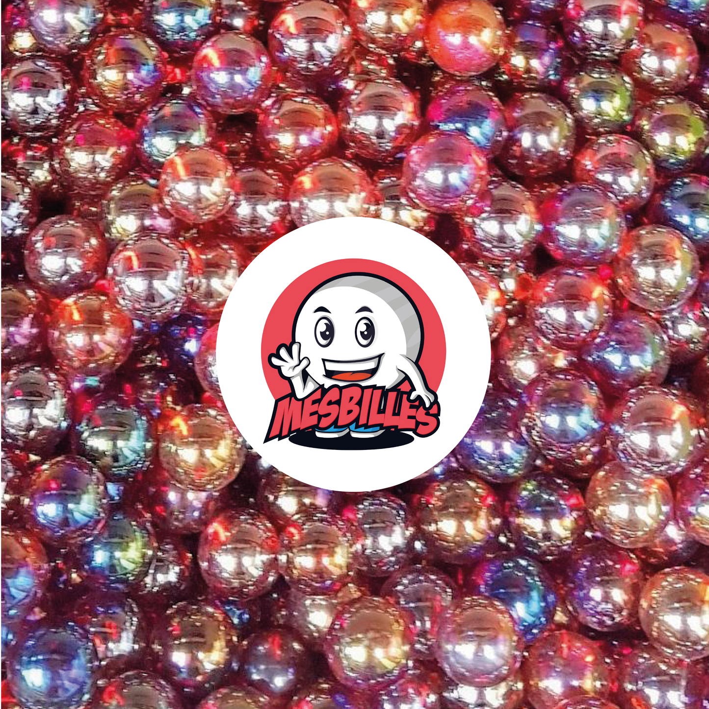 Image of the My-Glassmarbles Mascot surrounded by 14 mm Iridescent Red marbles in translucent glass.