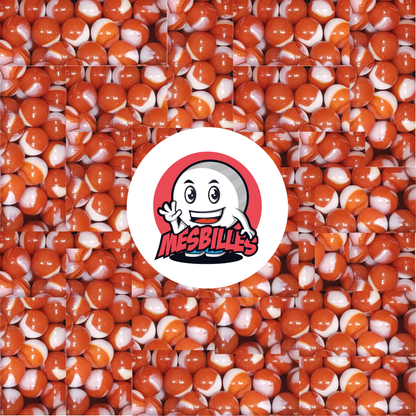 Image of the My-Glassmarbles Mascot surrounded by Junon Marbles 25 mm Orange with white traces