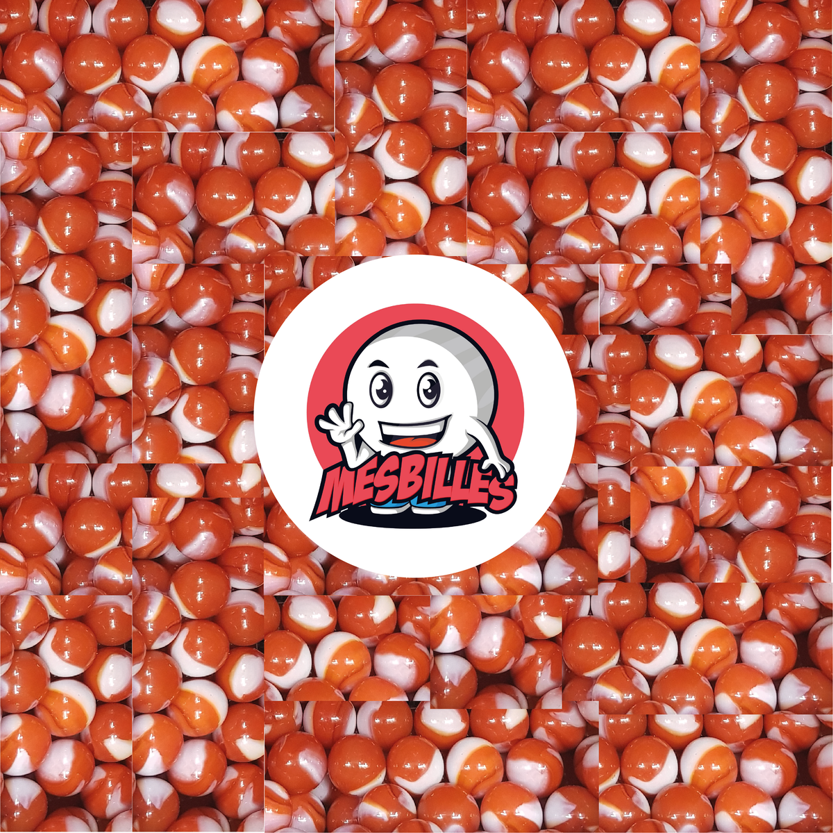 Image of the My-Glassmarbles Mascot surrounded by Juno Marbles 42 mm Orange with white traces