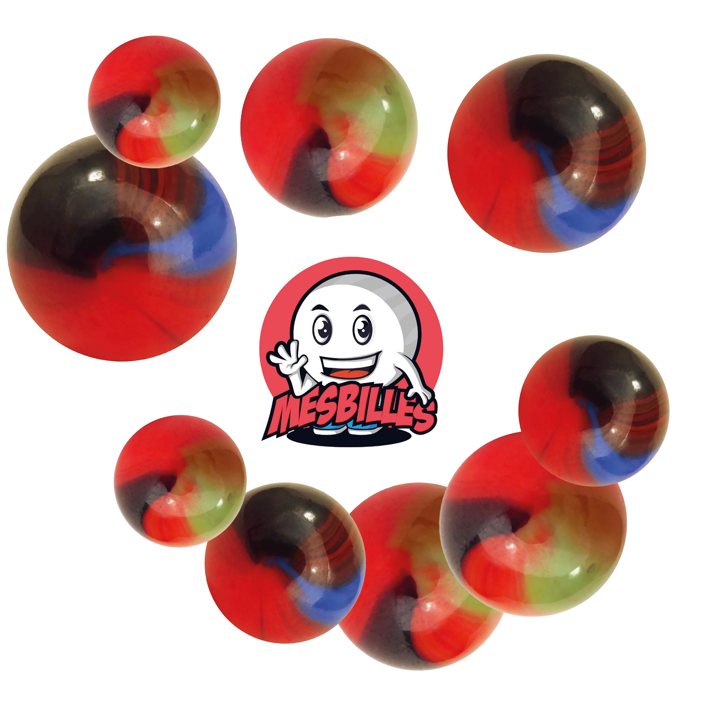 Image of the My-Glassmarbles Mascot surrounded by 50 mm Lautrec Marbles in orange glass with green and brown stripes