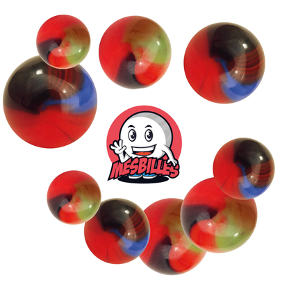 Image of the My-Glassmarbles Mascot surrounded by 50 mm Lautrec Marbles in orange glass with green and brown stripes