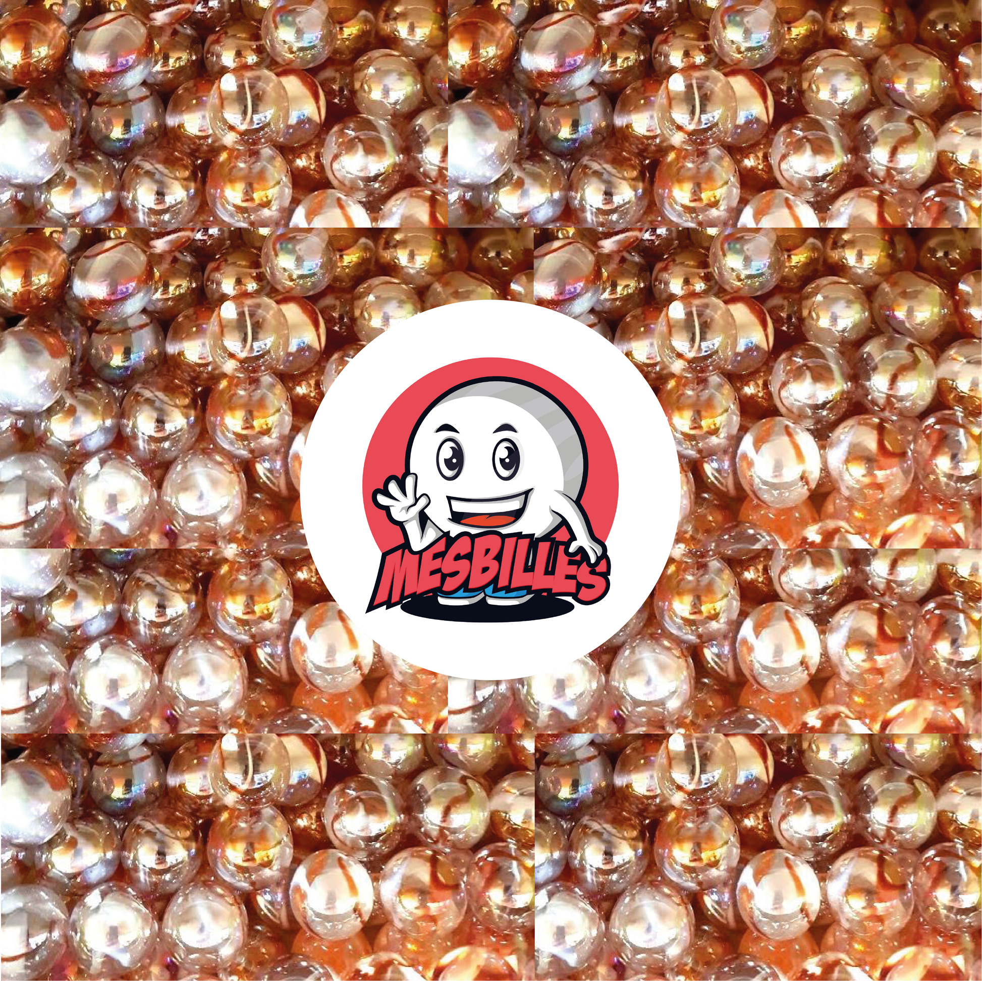 Image of the My-Glassmarbles Mascot surrounded by translucent orange-pink Marbles with amber-orange accents, 16 mm Marbles.