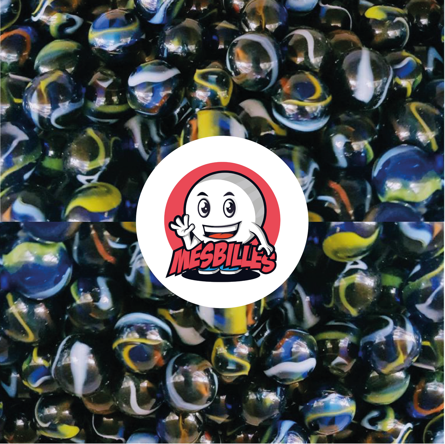 Image of the My-Glassmarbles Mascot surrounded by blue glass Michelangelo Marbles, with red, white and yellow stripes, 16 mm