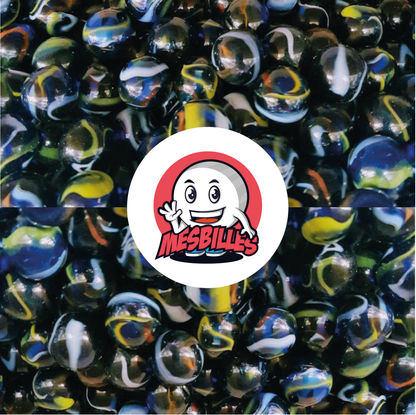 Image of the My-Glassmarbles Mascot surrounded by Michelangelo Marbles in blue glass, with red, white and yellow stripes, 35 mm