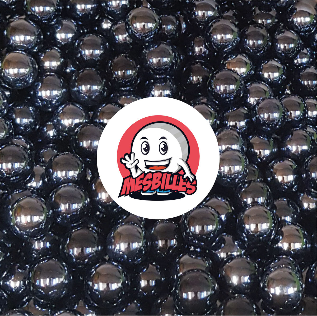 Image of the My-Glassmarbles Mascot surrounded by Black opaque glossy Glossy Marbles 25 mm.