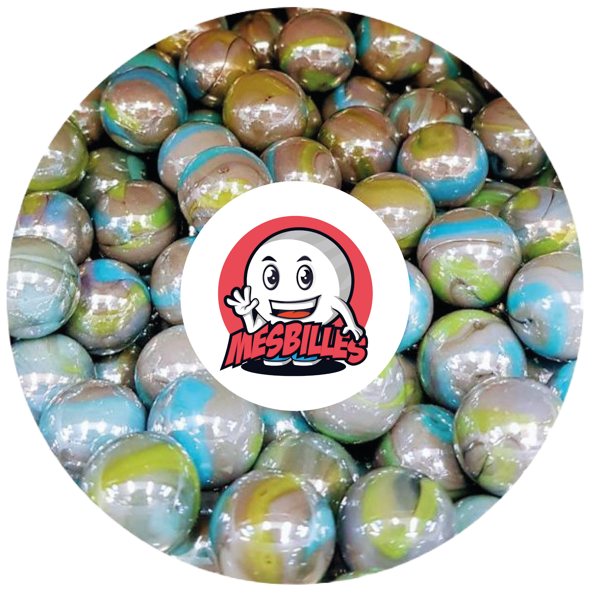 Image of the My-Glassmarbles Mascot surrounded by opaque and shiny pearly coloured Marbles 16 mm