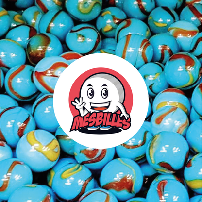 Image of My-Glassmarbles Mascot surrounded by Blue Opaque Planet Earth Marbles with traces of 14 mm Black
