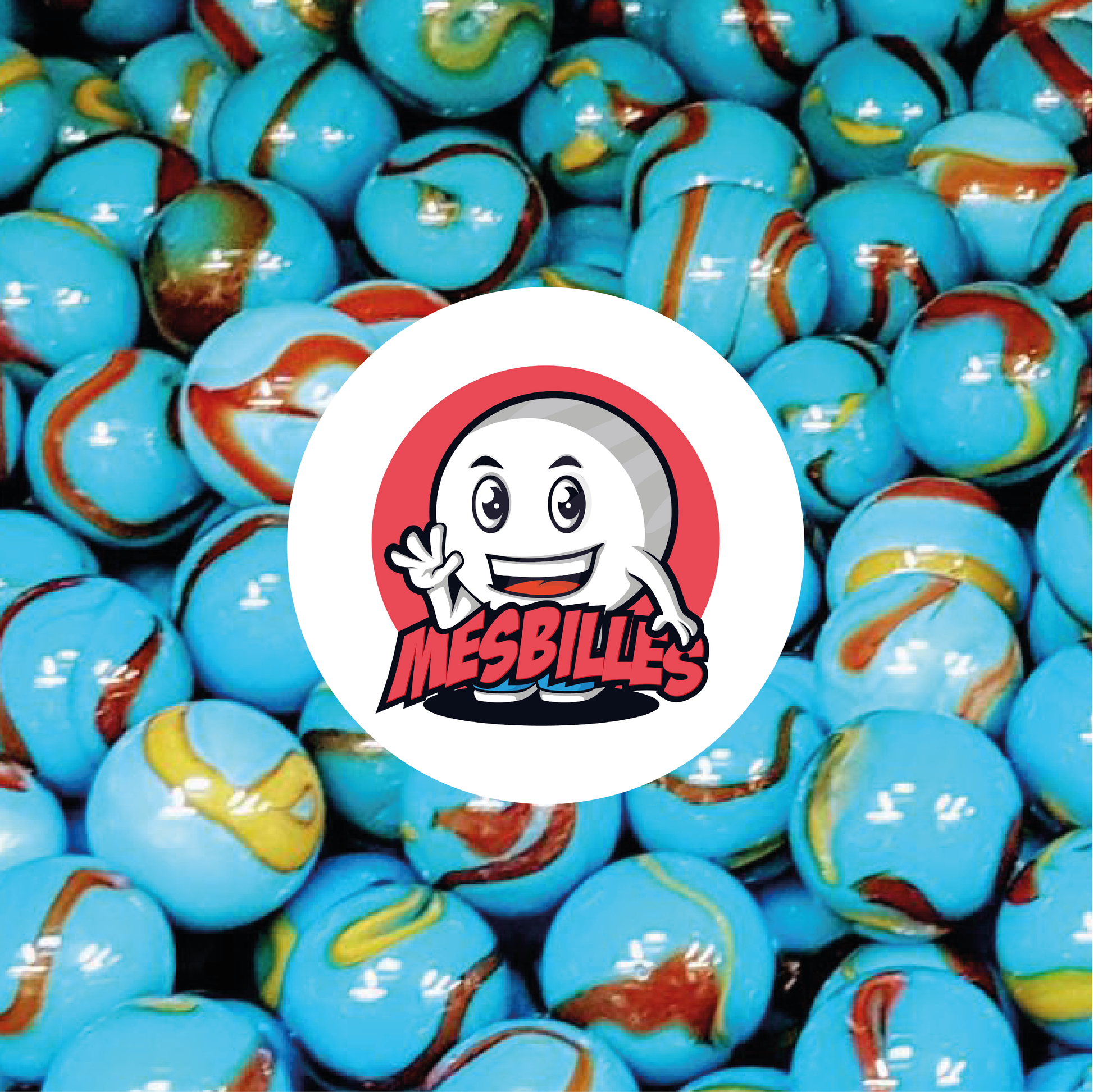 Image of the My-Glassmarbles Mascot surrounded by Blue Opaque Planet Earth Marbles with traces of 22 mm black.