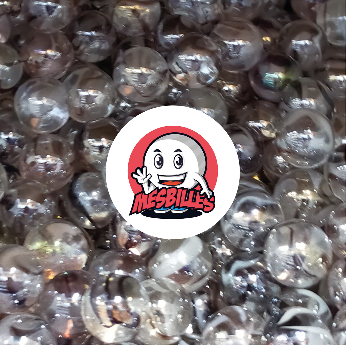 Image of the My-Glassmarbles Mascot surrounded by 22 mm Polar Marbles in brown crystal-clear glass