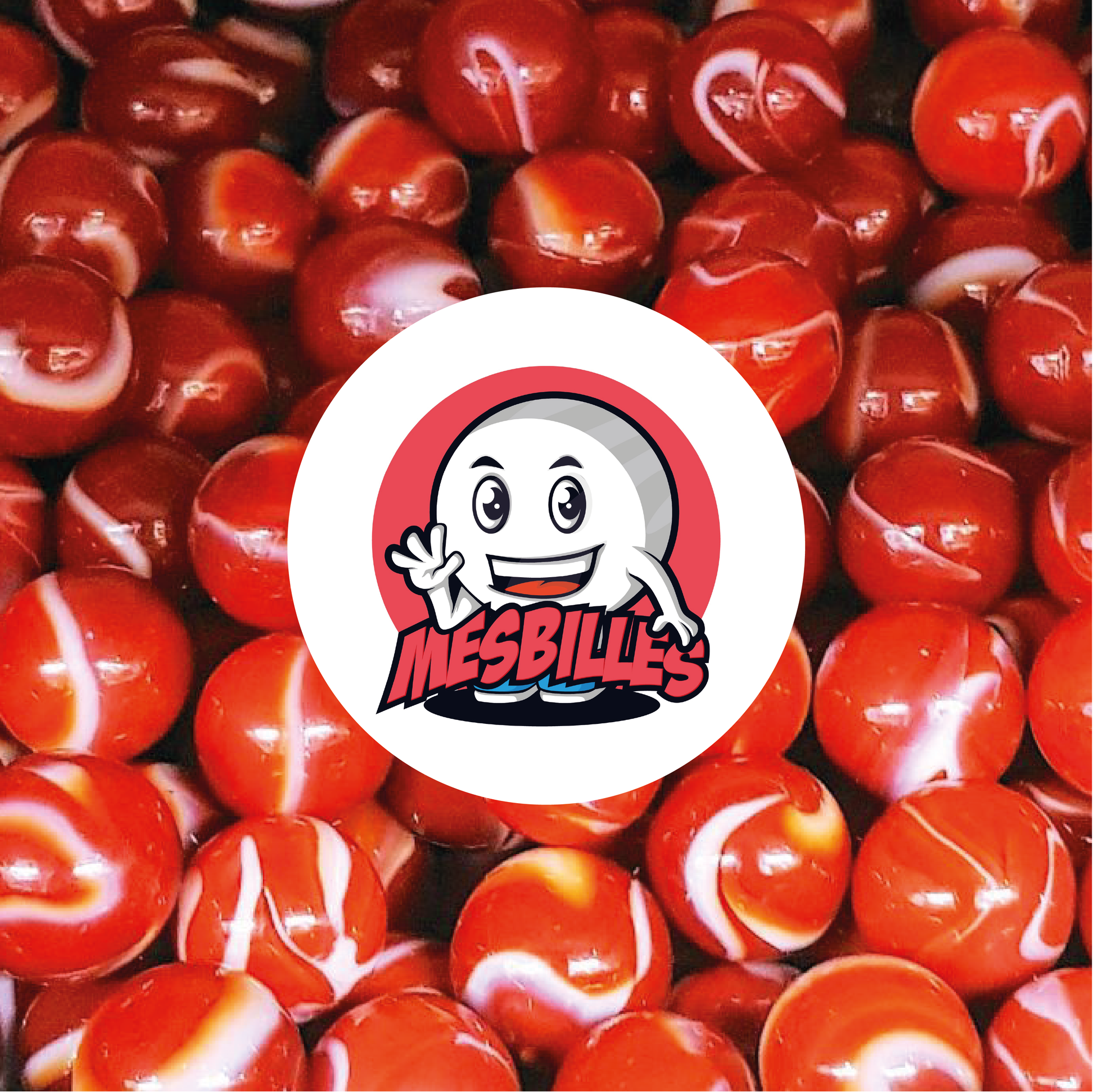 Image of the My-Glassmarbles Mascot surrounded by opaque red Marbles with traces of white, opaque glass marble, 14 mm
