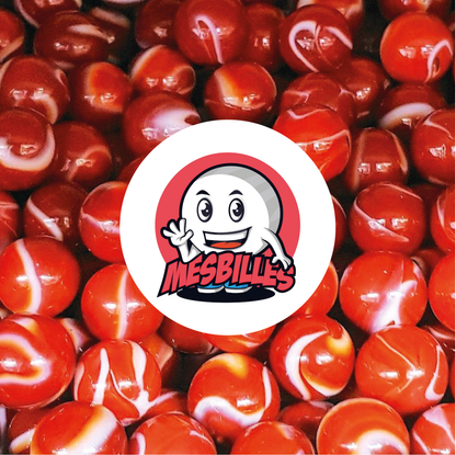 Image of the My-Glassmarbles Mascot surrounded by opaque red Marbles with traces of white, opaque glass marble, 22 mm