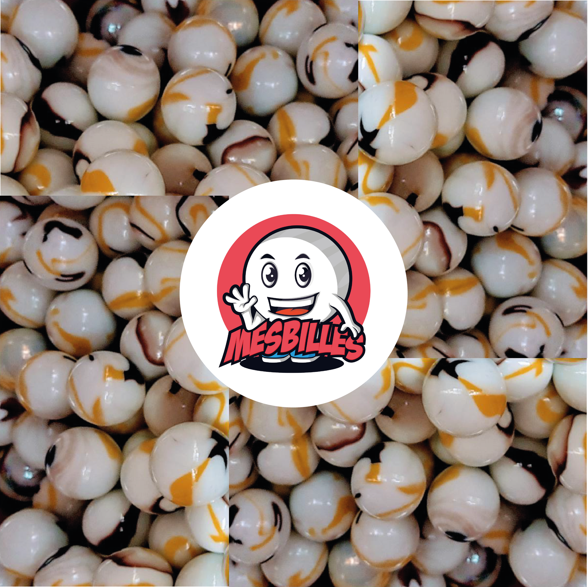 Image of the My-Glassmarbles Mascot surrounded by 25 mm Yellow Opaque White Tiger Marbles with Yellow and Brown stripes.