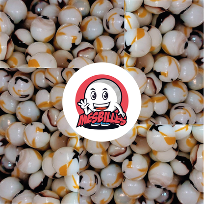 Image of the My-Glassmarbles Mascot surrounded by 25 mm Yellow Opaque White Tiger Marbles with Yellow and Brown stripes.