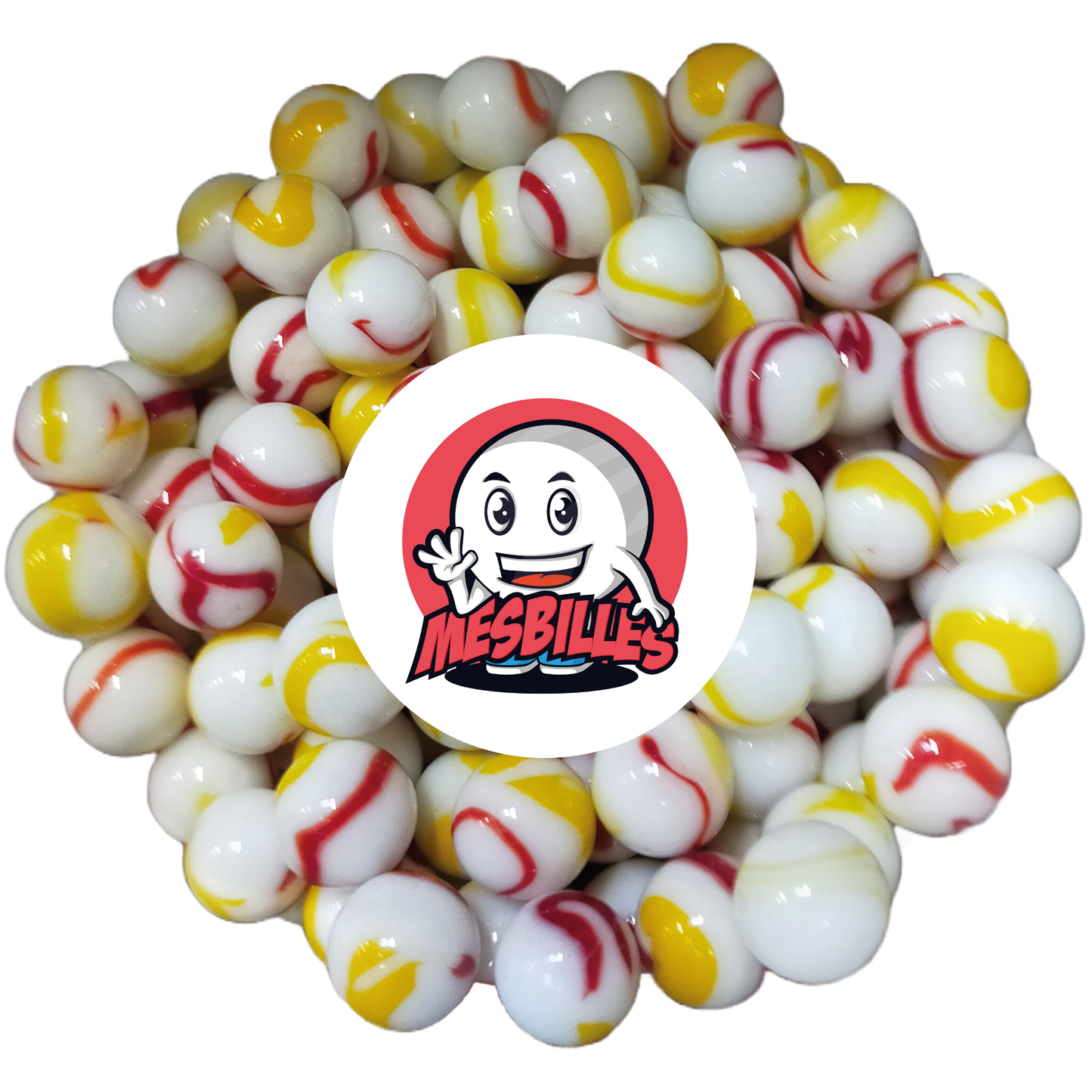 Image of the My-Glassmarbles Mascot surrounded by Red Tiger Marbles 14 mm - Opaque white glass with Orange and Red stripes - My-Glassmarbles