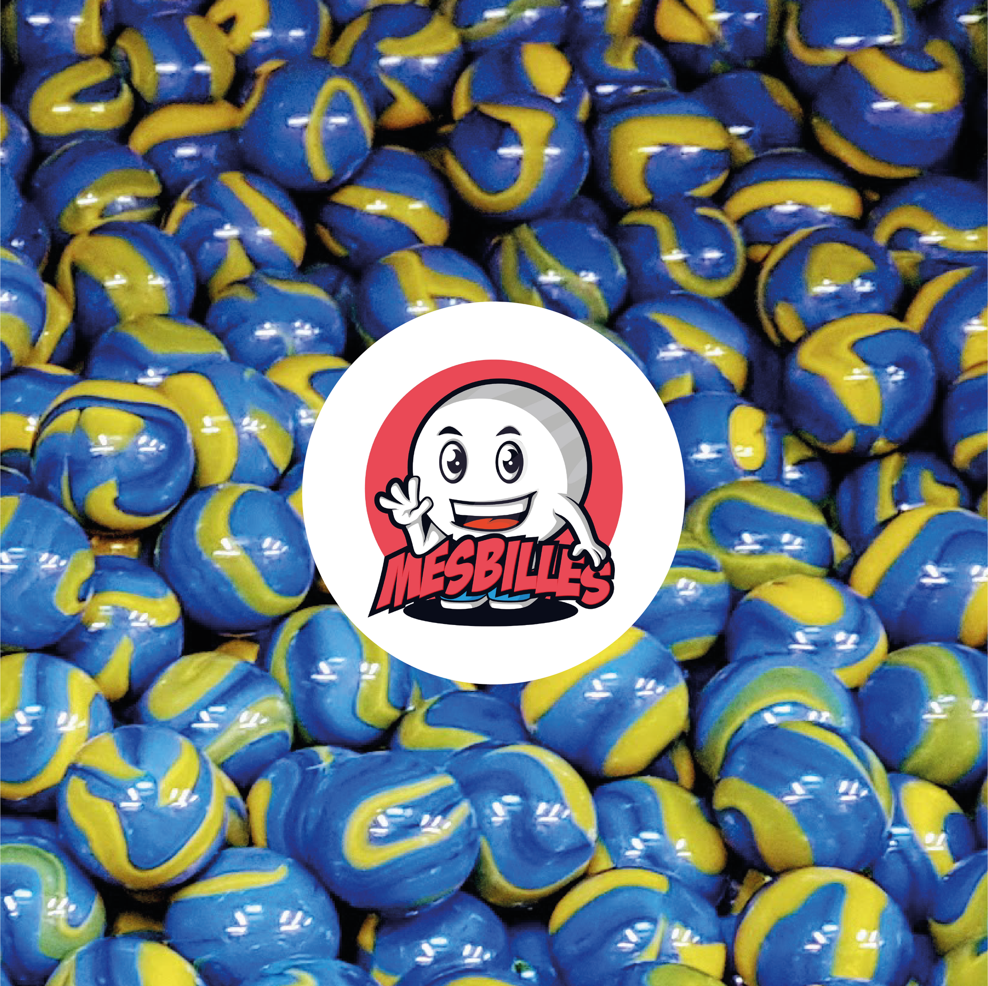 Image of the My-Glassmarbles Mascot surrounded by Van Gogh Marbles 16 mm in opaque yellow glass with blue stripes