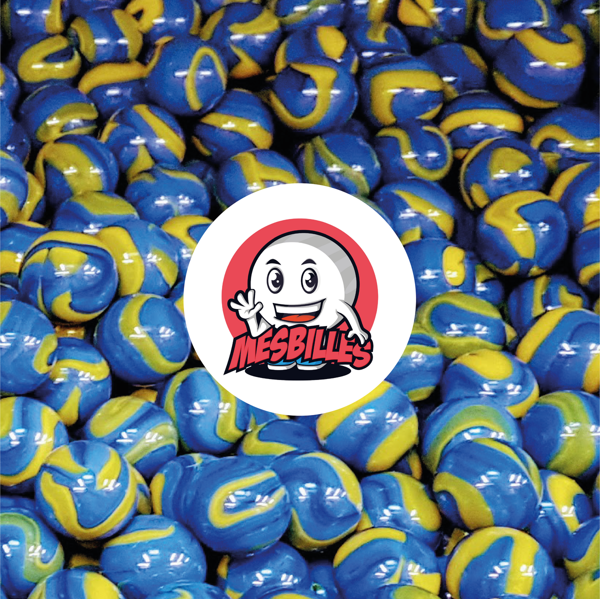Image of the My-Glassmarbles Mascot surrounded by Van Gogh Marbles 25 mm in opaque yellow glass with blue stripes