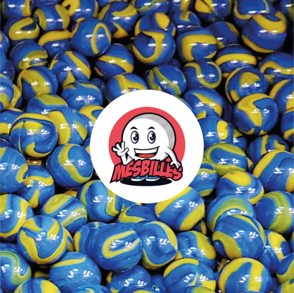 Image of the My-Glassmarbles Mascot surrounded by Van Gogh Marbles 25 mm in opaque yellow glass with blue stripes