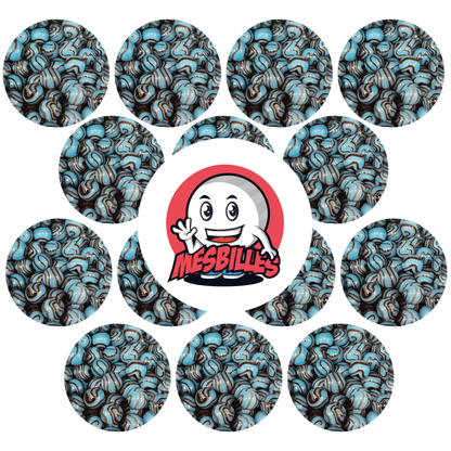 Image of the My-Glassmarbles Mascot surrounded by 25 mm Turquoise Zebra Marbles, a playful safari close at hand