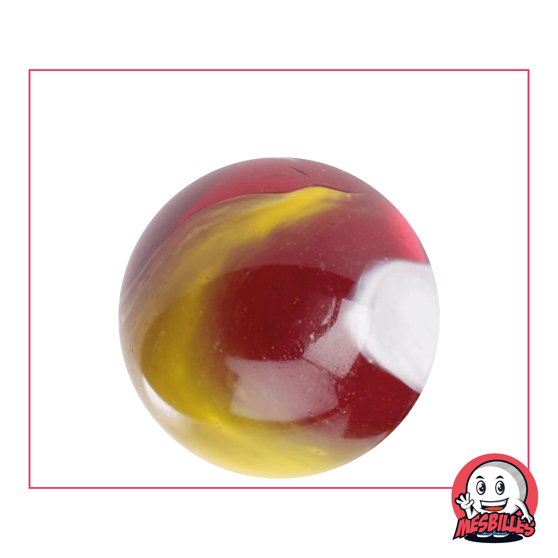 35 mm Marble Clown for collectors, vibrant red marble with white and yellow stripes