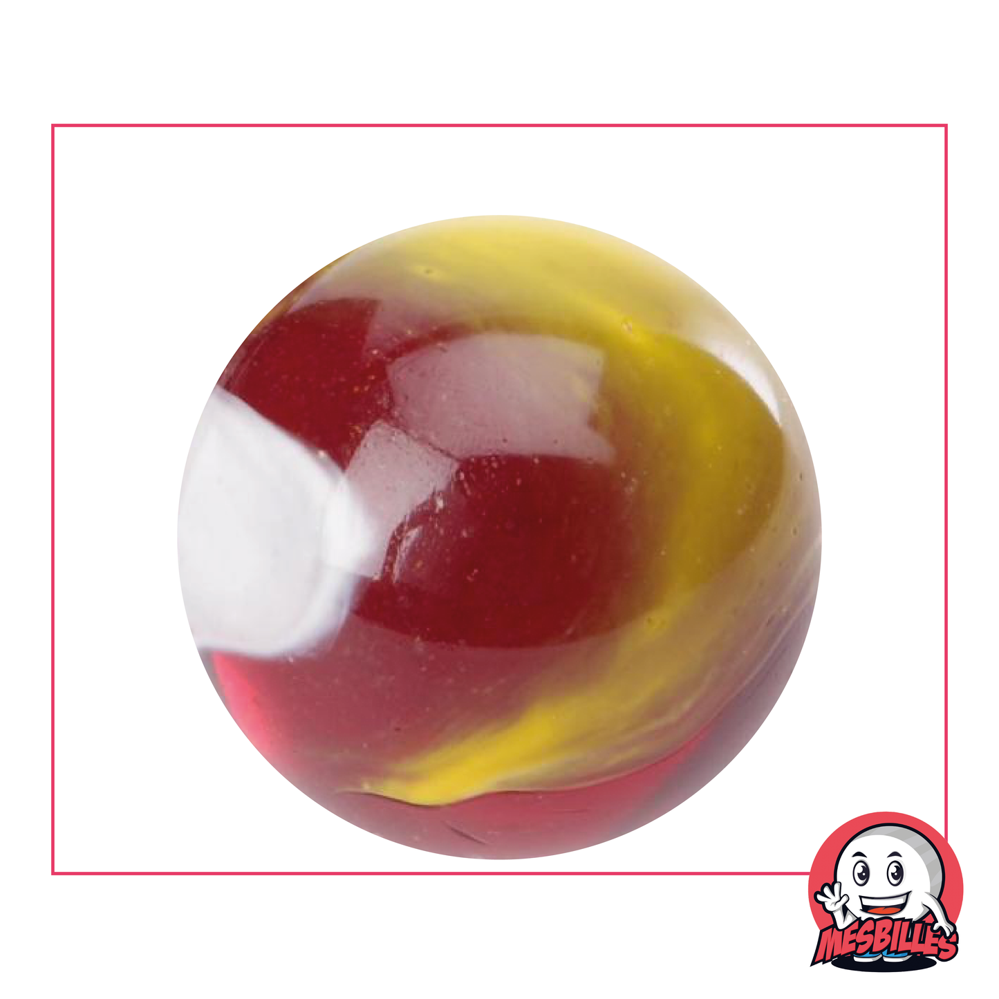 42 mm Marble Clown in translucent dark red glass with white and yellow curves, Large Marble