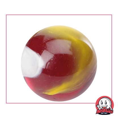42 mm Marble Clown in translucent dark red glass with white and yellow curves, Large Marble