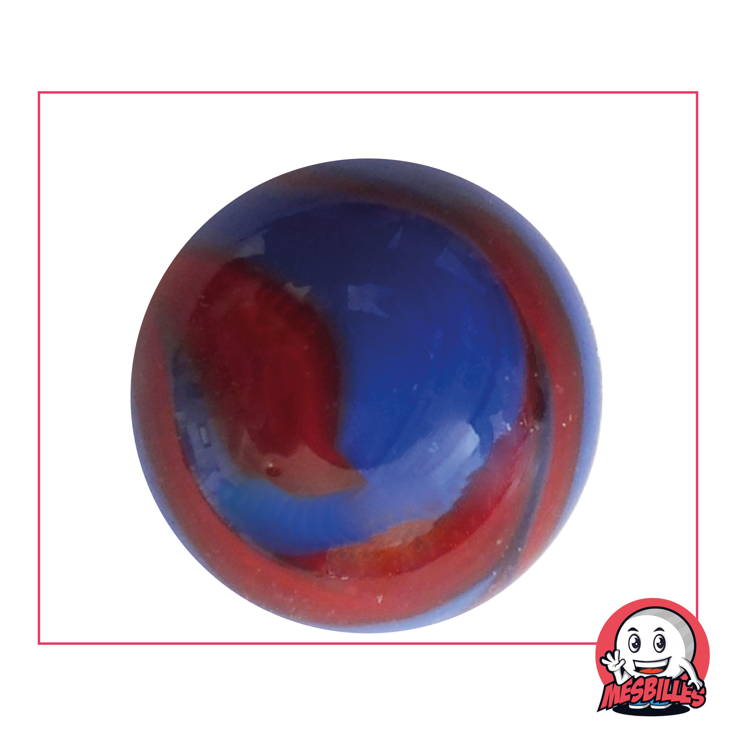 42 mm Dino marble in blue porcelain glass with red embellishments, whale-sized marble