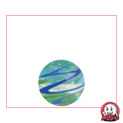 Translucent glass marble with blue and green stripes, the Blue Flash Marble, an art marble for exchange