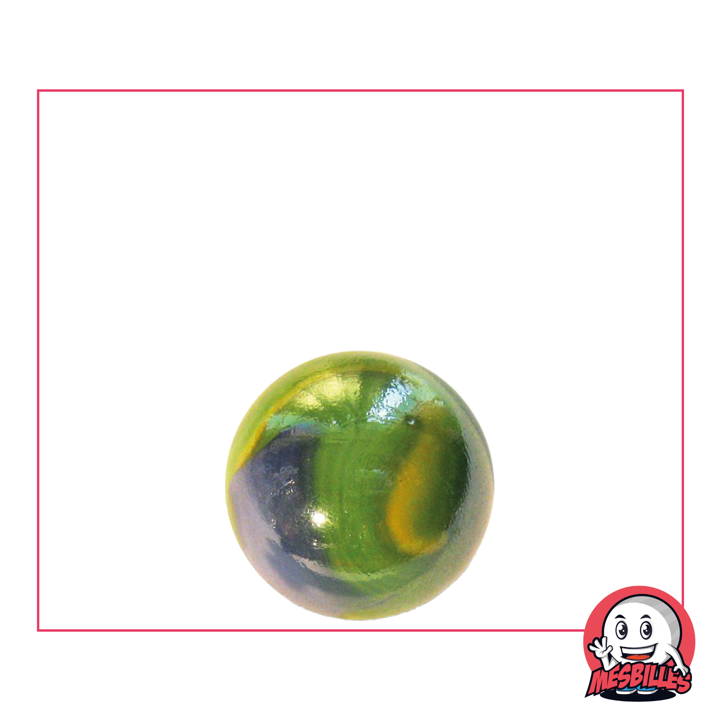 1 Marble Gloster 16 mm, round opaque glass marble, yellow, blue and green, very shiny marble