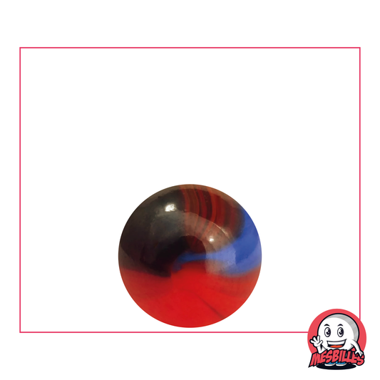 16 mm Marble Lautrec, opaque orange round glass marble with black and blue traces on the surface.