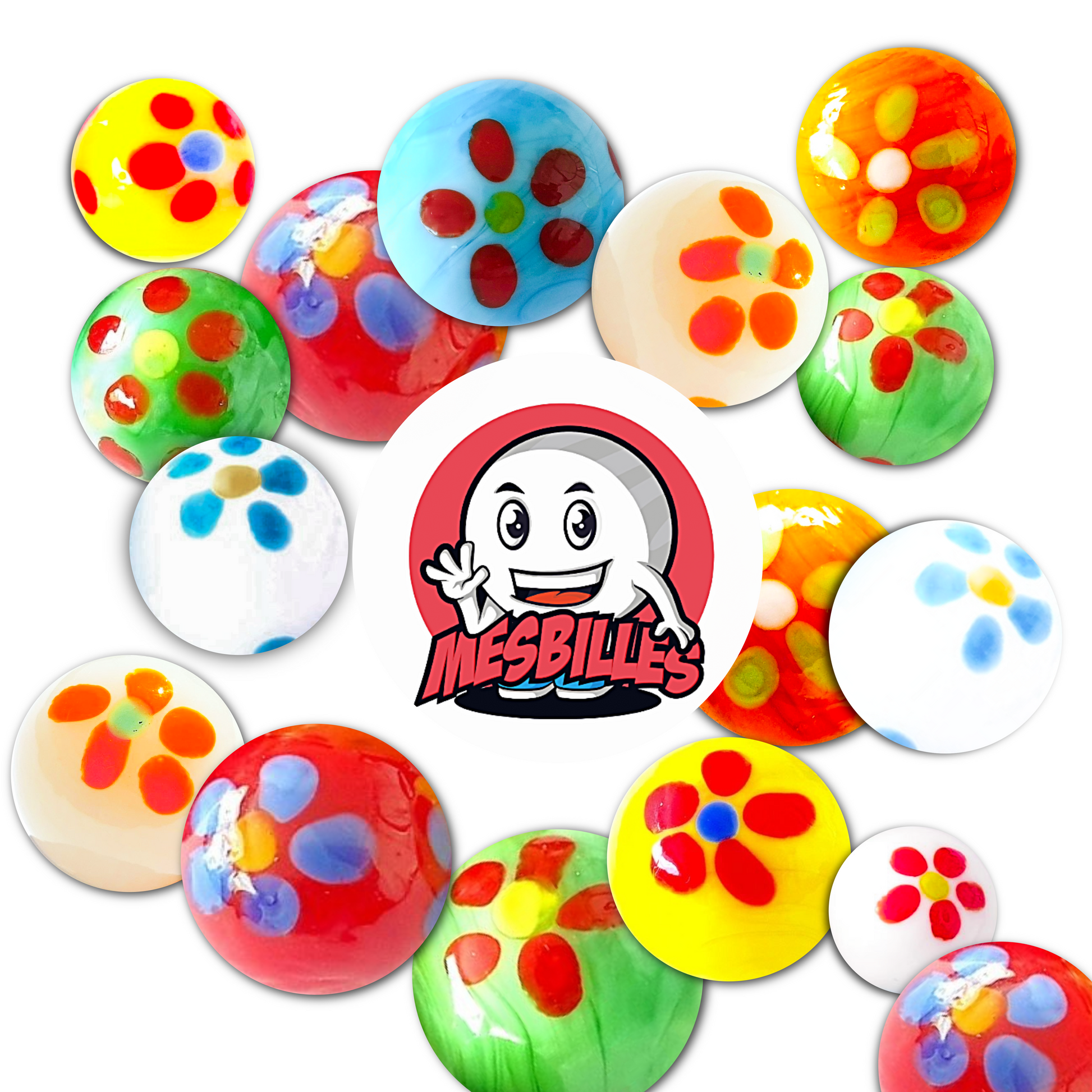 My-Glassmarbles Logo on 16mm Red Daisy marbles, handcrafted marbles of art.