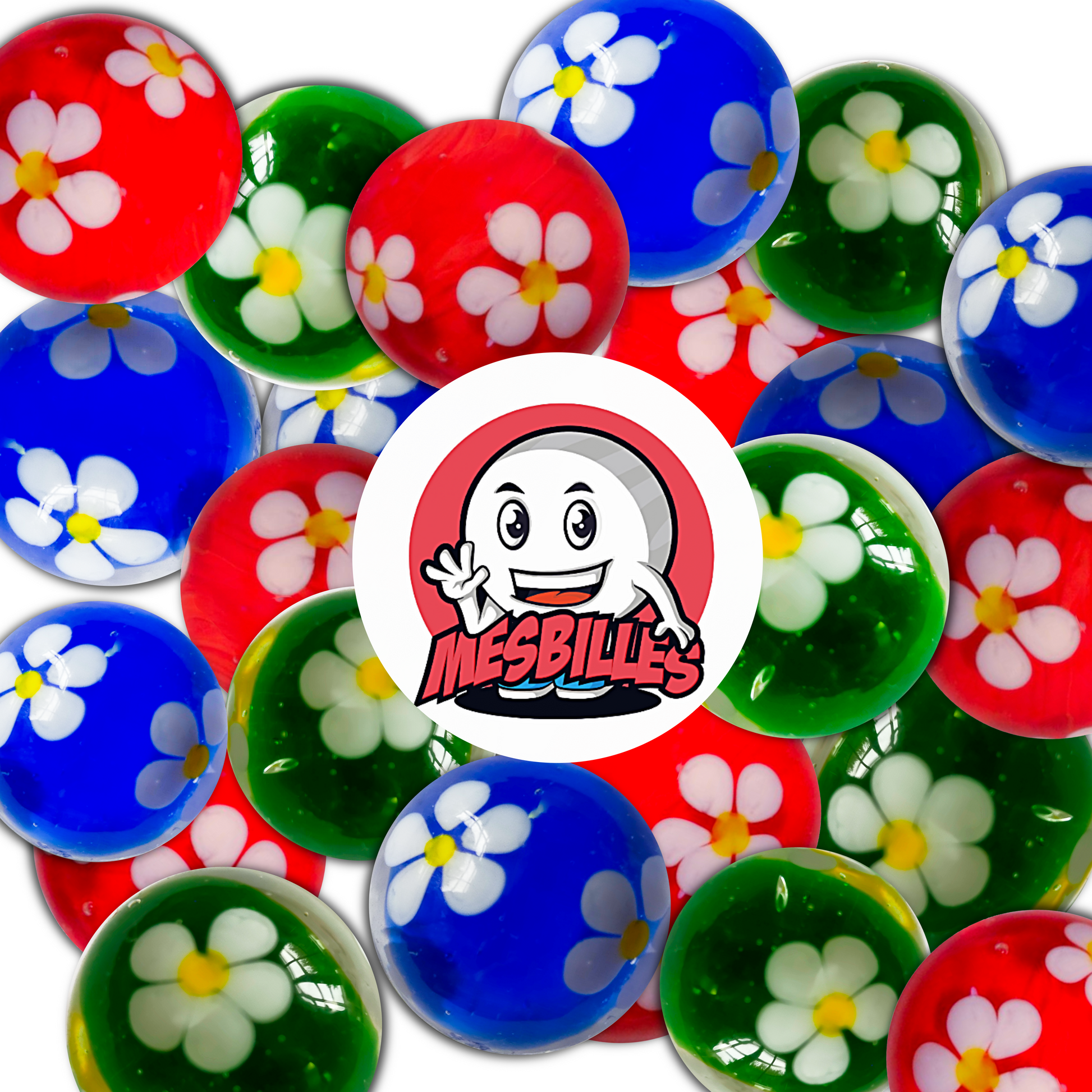 Marbles from the Enchanted Garden collection (red, green and blue) with white flowers inside, arranged around the Mes-Glassmarbles Logo.