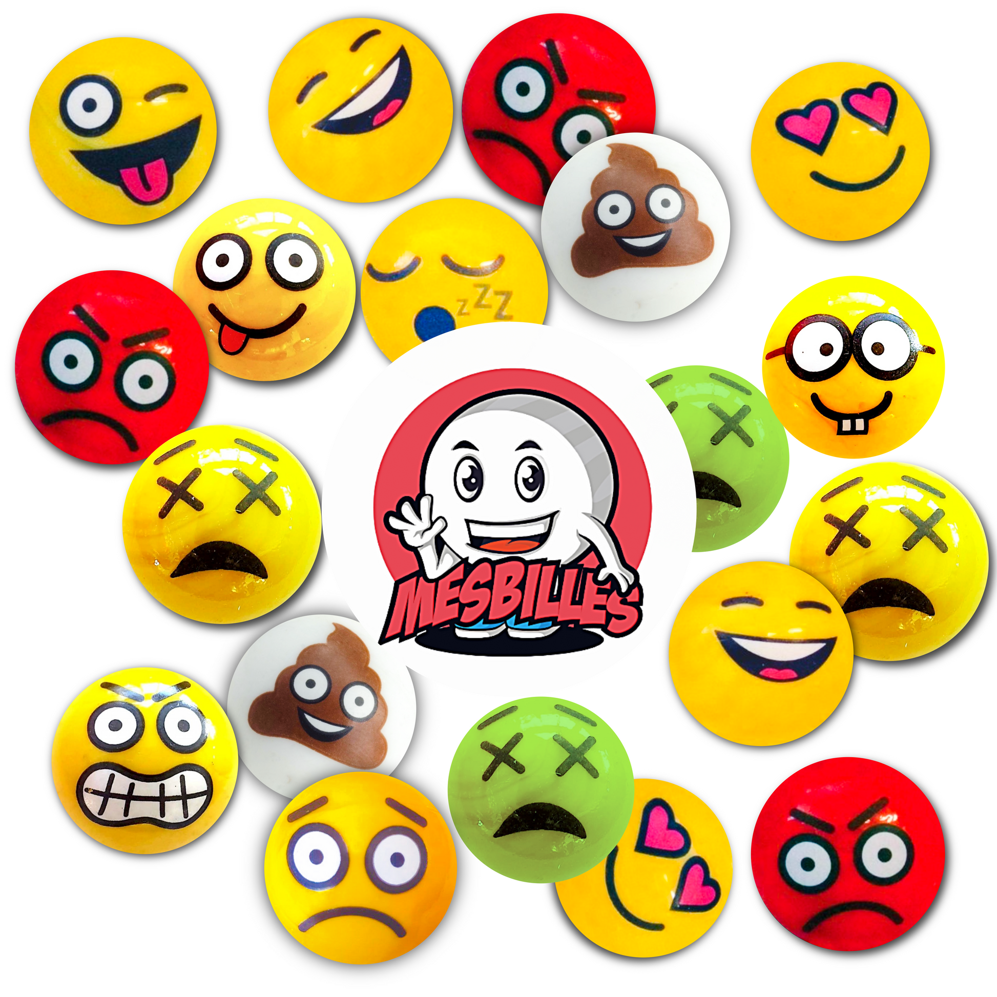 Promotional photo of several Marbles with different expressions arranged around the My-Glassmarbles Logo, ideal for illustrating the variety of models available
