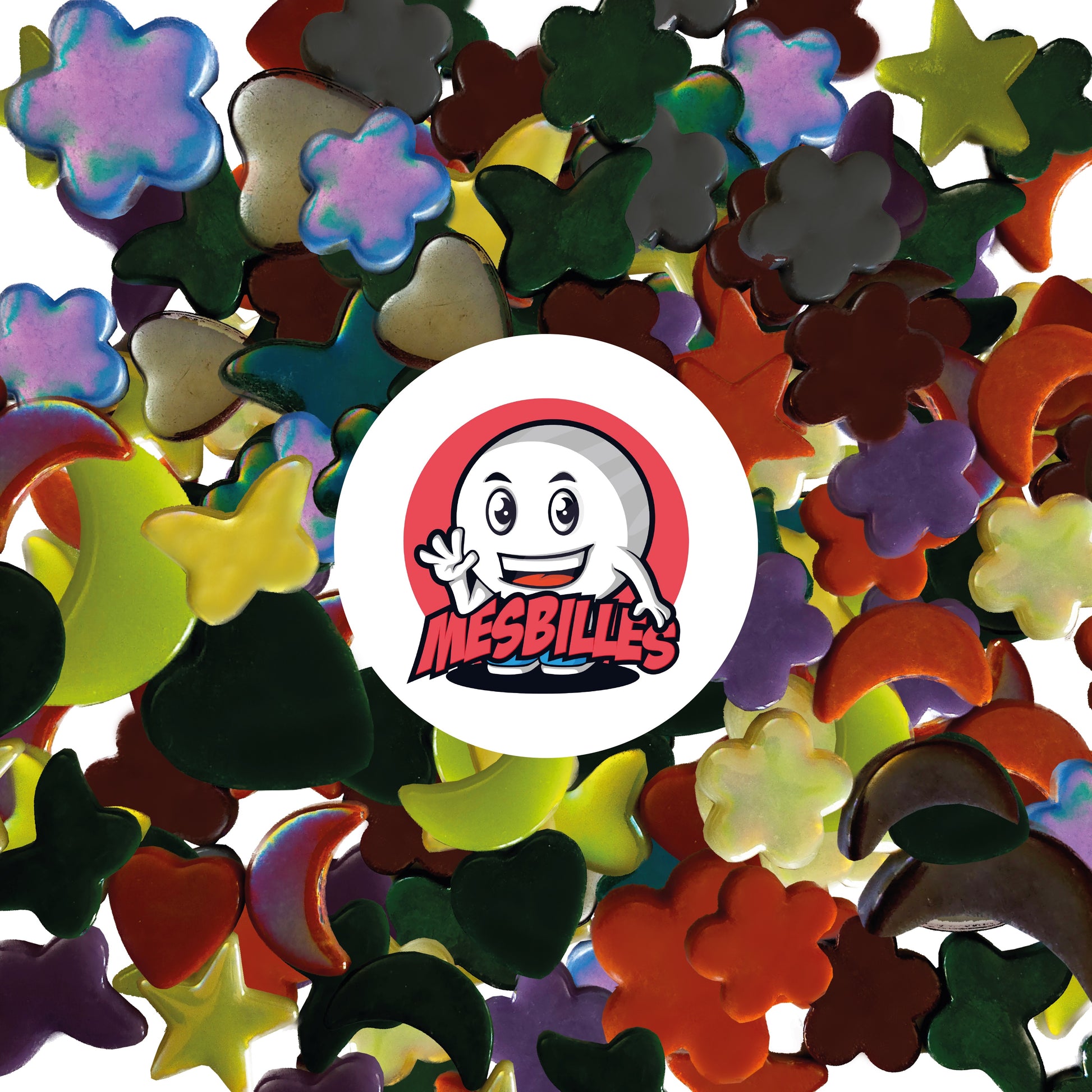 My-Glassmarbles Mascot on Butterfly Marbles Pearl Green Extra flat marbles
