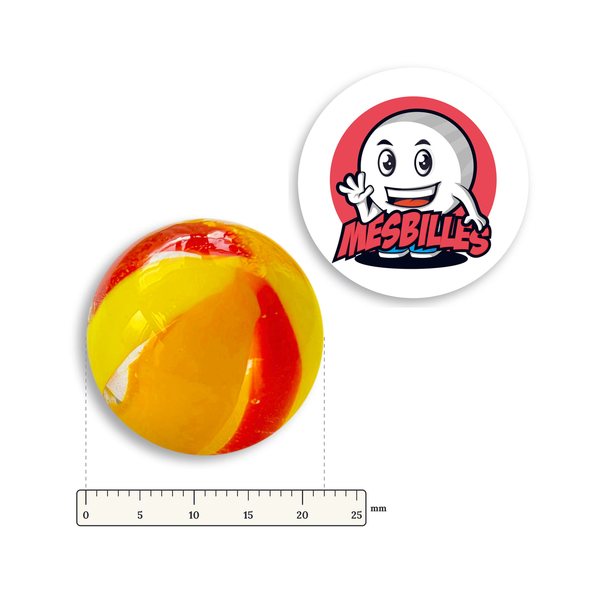Bille Art Ballon Rouge Jaune 22 mm à côté d’une règle graduée, 22 mm de diamètre