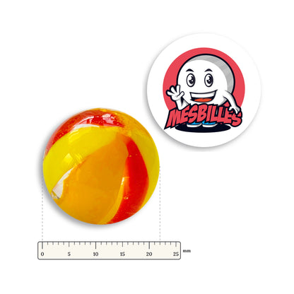Bille Art Ballon Rouge Jaune 22 mm à côté d’une règle graduée, 22 mm de diamètre