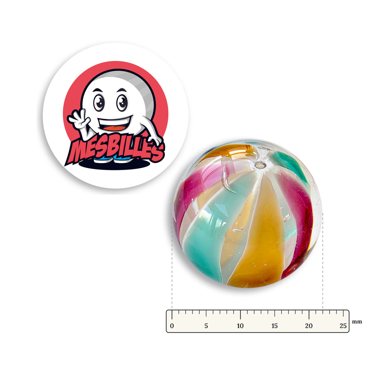 Bille Art Ballon Turquoise Violet 22 mm à côté d’une règle graduée, 22 mm de diamètre