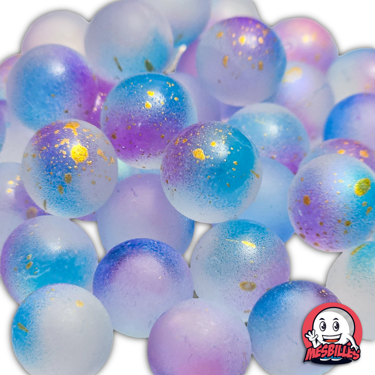 Lot de billes Art en Ciel 16 mm aux couleurs pastel bleu violet avec éclats dorés brillants