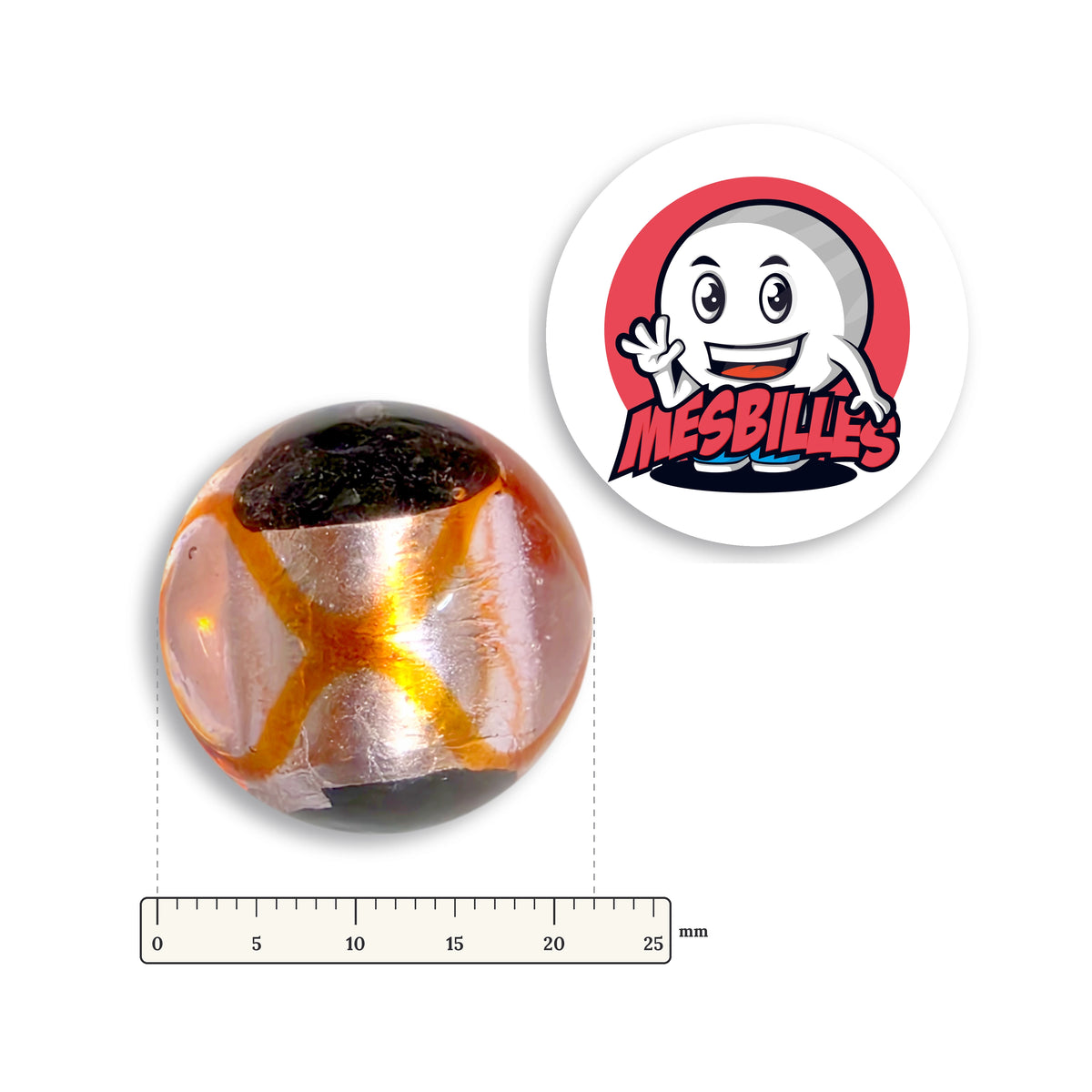Bille Art Machu Picchu Orange 22 mm à côté d’une règle graduée, 22 mm de diamètre