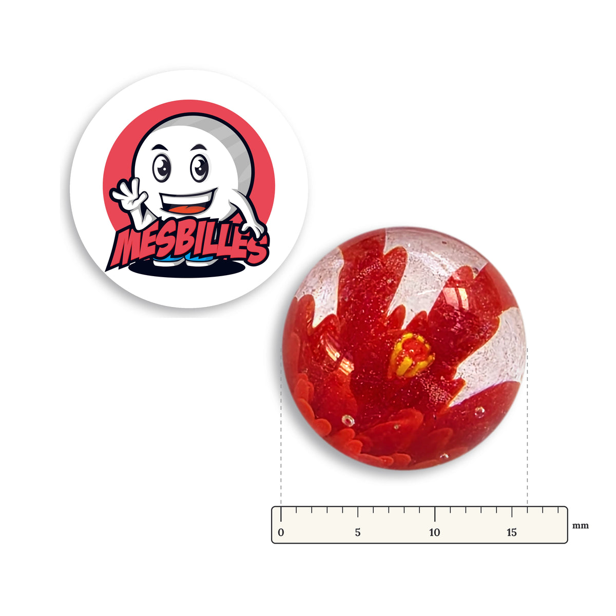 Bille Art Pissenlit Rouge 16 mm verre de Bohême avec règle graduée