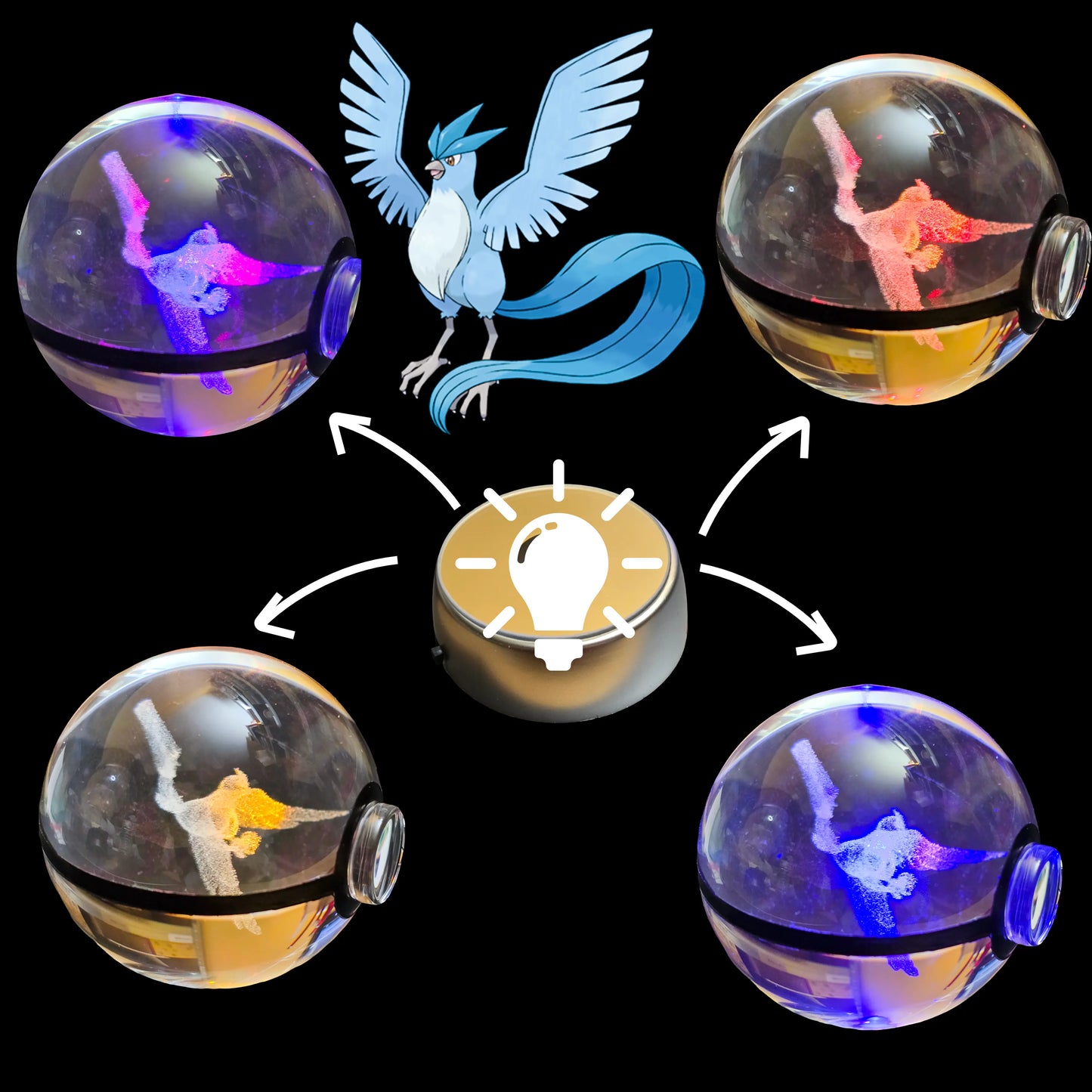Grande bille transparente avec motif 3D « Articuno » au centre, effet lumineux : pour collection et amoureux des beaux objets