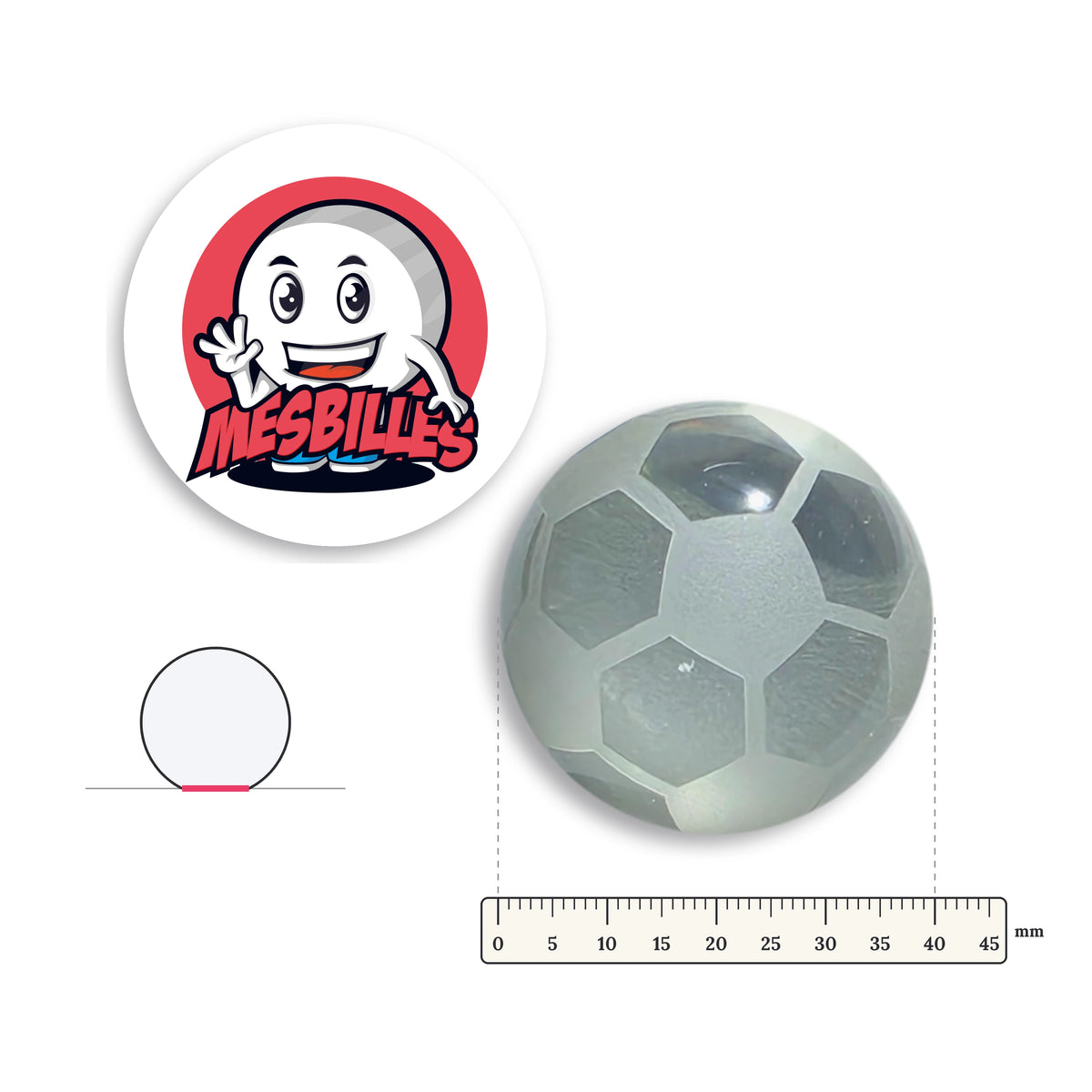 Grande bille Balle Foot Fond Plat Cristal Verre de Bohême 40 mm avec règle graduée et schéma du fond plat